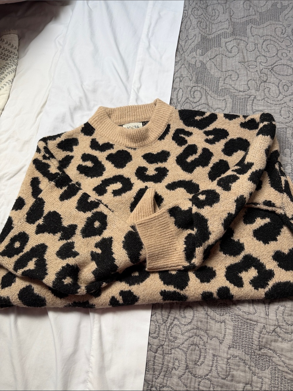 ADORA Beige and Black Leopard-Print Crewneck Sweater